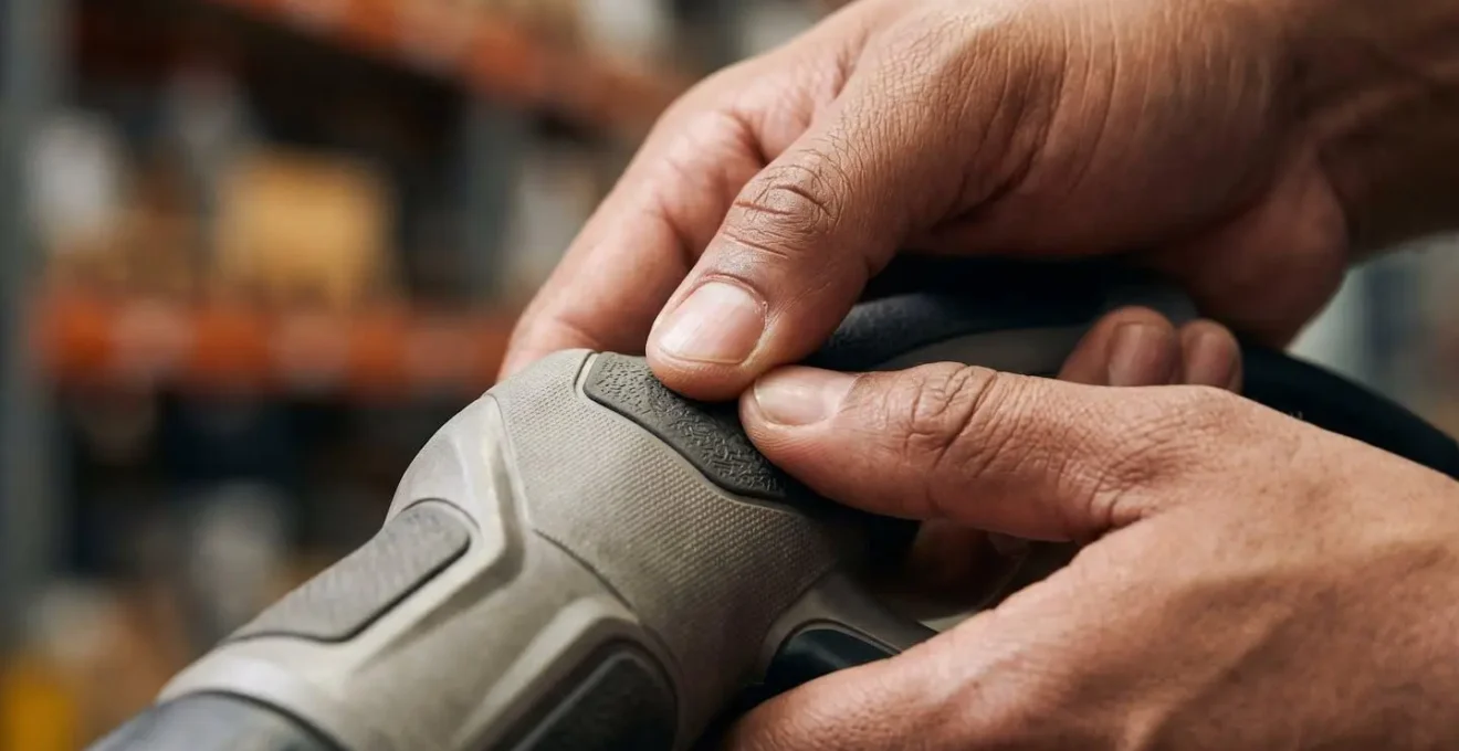 Gros plan sur des mains manipulant un objet ergonomique dans un contexte logistique