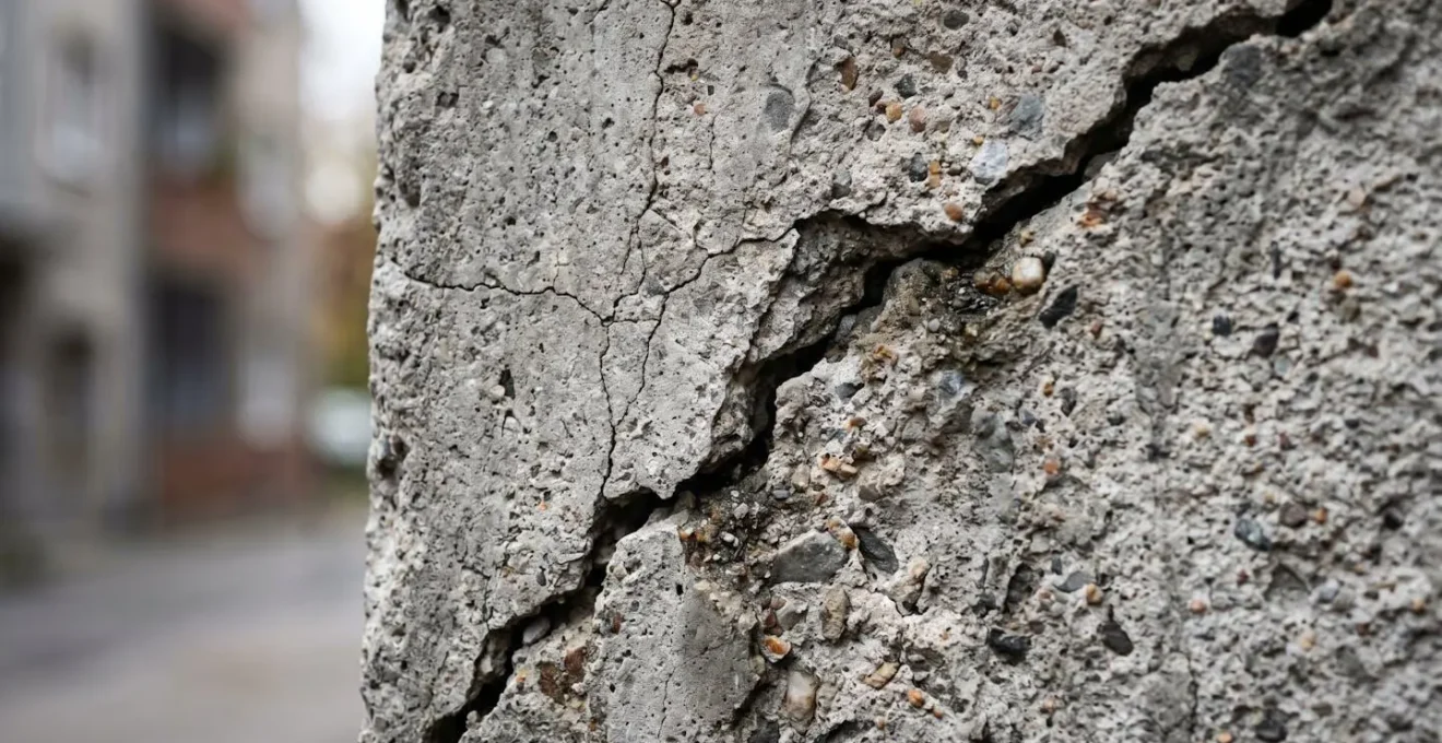 Gros plan macro sur une fissure dans un mur en béton avec des textures détaillées révélant la profondeur du désordre