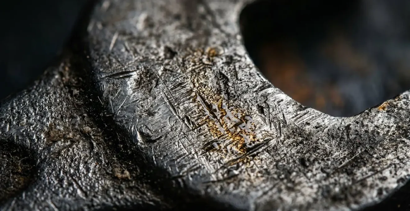 Gros plan macro sur les détails et la texture d'une surface métallique d'un outil mécanique usé avec des traces d'utilisation