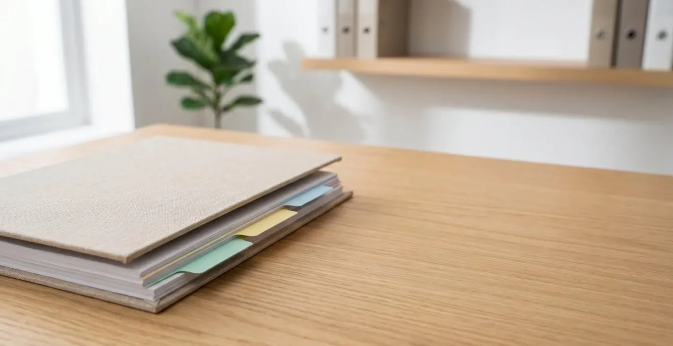 Classeur de documents administratifs avec intercalaires colorés dans un environnement de bureau organisé