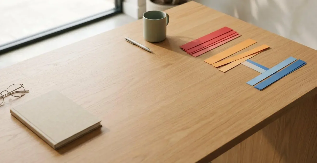 Vue en plongée d'un bureau minimaliste avec système de code couleur organisé pour la gestion administrative