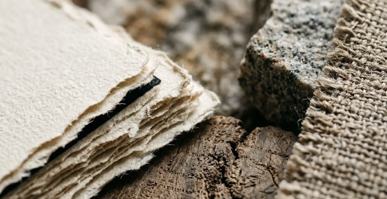 Gros plan sur des textures de papiers stratifiés et matériaux contrastés représentant la solidité d'un plan financier structuré
