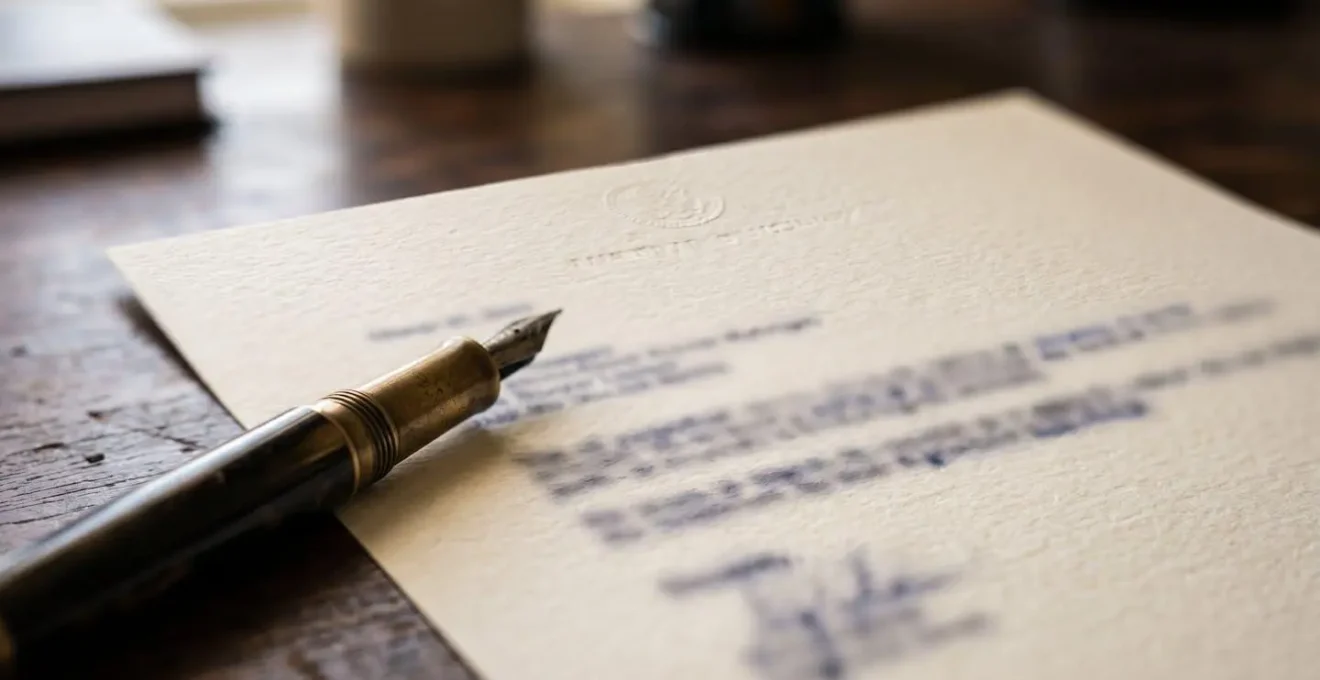 Document officiel posé sur un bureau avec stylo et annotations en gros plan