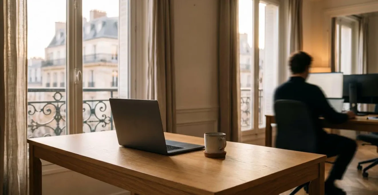 Espace de travail hybride montrant un bureau professionnel partiellement occupé